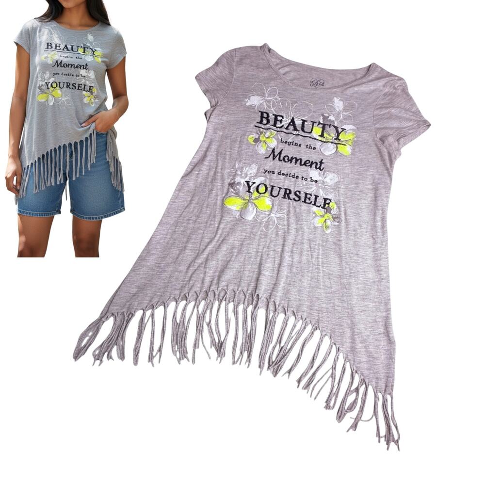 Justice Girl Fringe Top Size16 Beauty Be Yourself T Shirt Dress Embroidered Gray